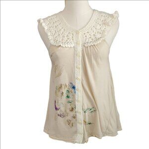 Rare Free People Crochet neckline metallic Splatter button front Tank xs